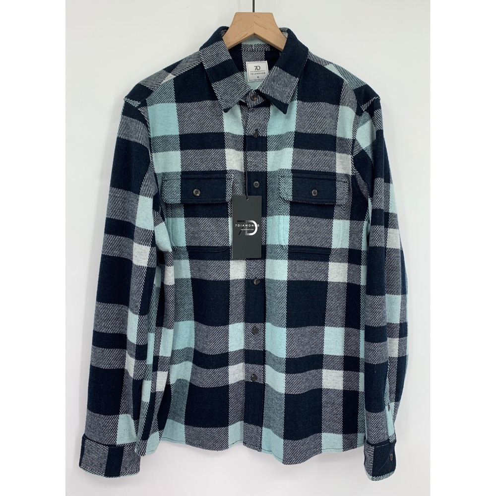 7Diamonds Flannel Shirt Men Medium Blue Plaid Generation 4-Way Stretch Soft NEW